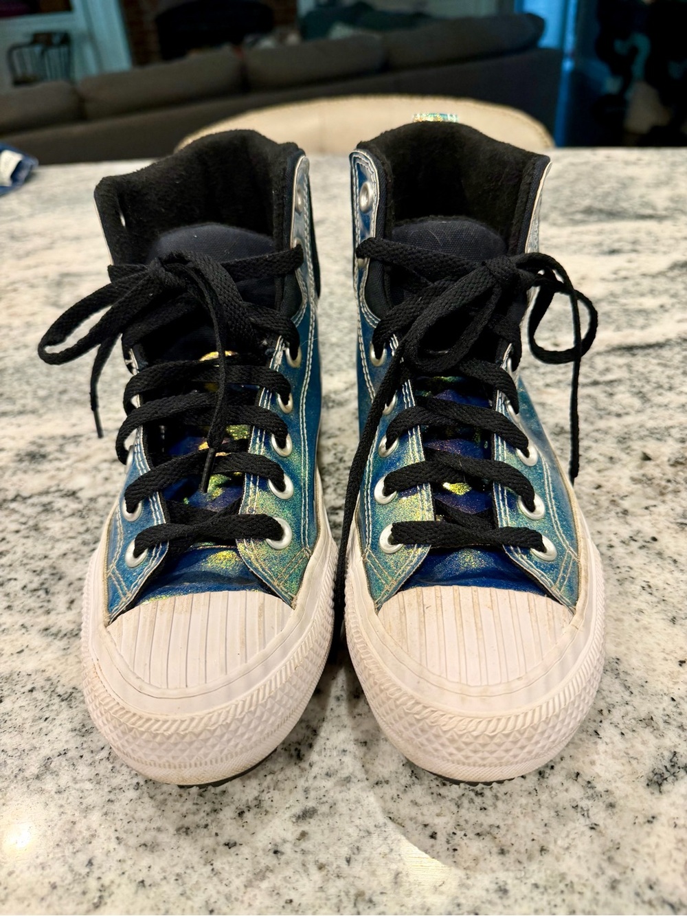 Kids High-Top Sneakers in Iridescent Blue-Green with Black Laces